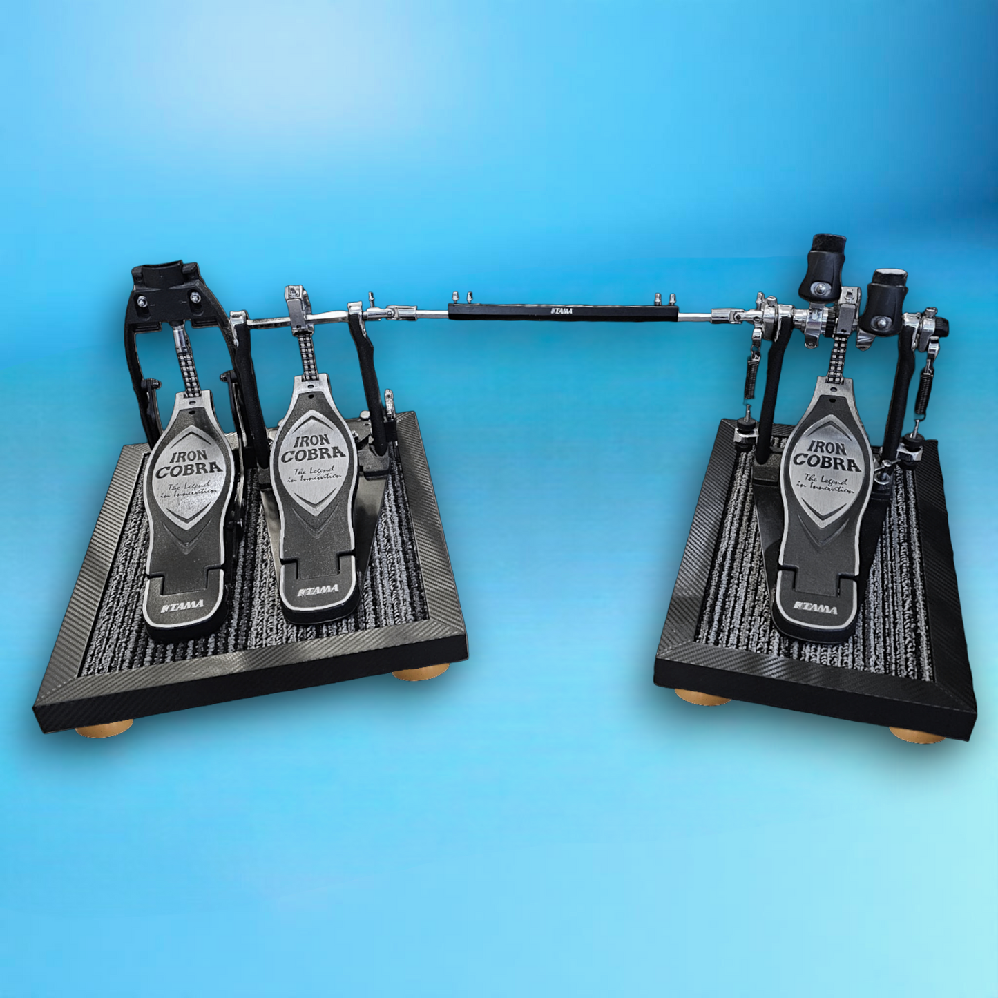Carbon fiber single + double pedal Silent Stomper impact noise isolation platform pack designed for drummers, enabling quiet practice in enclosed spaces like apartment buildings by reducing/eliminating vibrations and preventing noise disturbances for neighbors.