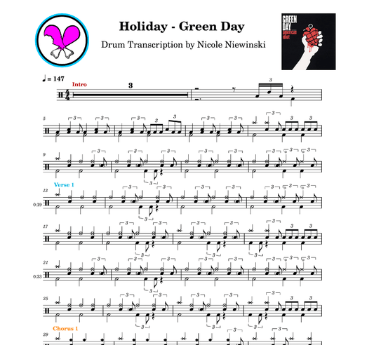 Preview of sheet music transcription for a drum set, showing the detailed notations and rhythms of the popular song holiday by green day (tre cool), ideal for drummers looking to learn and practice accurate drum patterns.