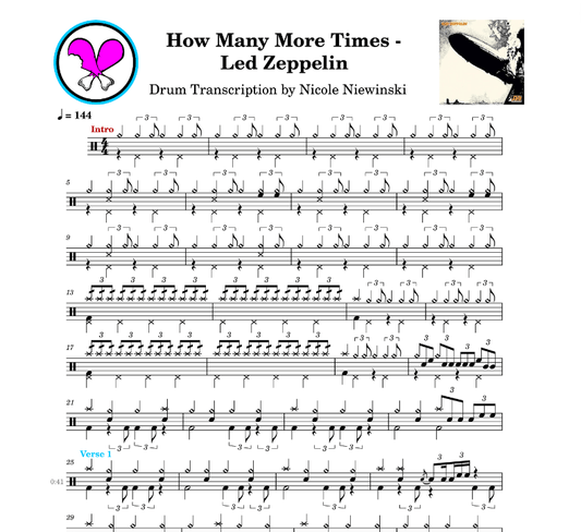 Preview of sheet music transcription for a drum set, showing the detailed notations and rhythms of the popular song how many more times by led zeppelin, ideal for drummers looking to learn and practice accurate drum patterns.