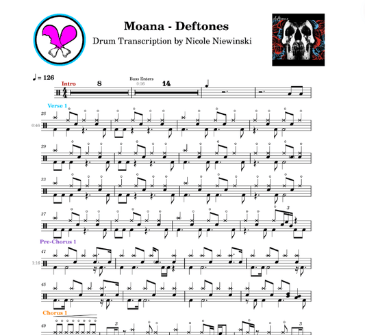 Preview of sheet music transcription for a drum set, showing the detailed notations and rhythms of the popular alternative/progressive rock song moana by deftones, ideal for drummers looking to learn and practice accurate drum patterns.