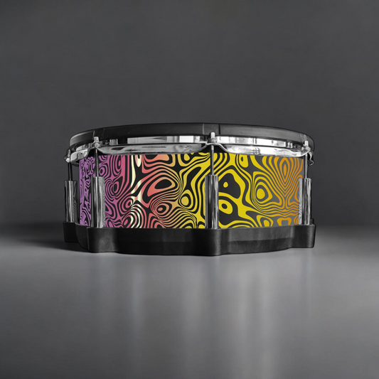 Close-up of a snare drum with a newly installed black and matte black and sunset holographic vinyl wrap on a Roland PD-140DS snare drum, showcasing the detailed texture and professional finish, ideal for drummers seeking to upgrade their drum kit's aesthetics.