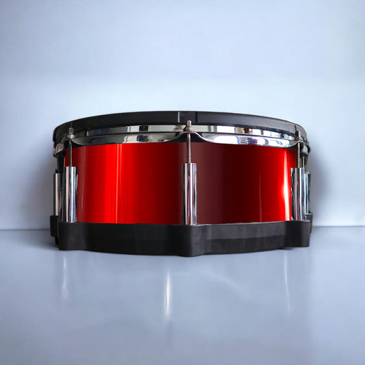 Close-up of a snare drum with a newly installed metallic chrome red vinyl wrap on a Roland PD-140DS snare drum, showcasing the detailed texture and professional finish, ideal for drummers seeking to upgrade their drum kit's aesthetics. Easy-to-install custom vinyl snare drum wrap color catalogue featuring a wide range of color and pattern options, perfect for drummers looking to personalize their snare drum with unique designs.