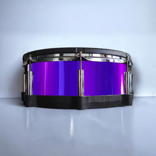 Close-up of a snare drum with a newly installed purple pearlescent gloss vinyl wrap on a Roland PD-140DS snare drum, showcasing the detailed texture and professional finish, ideal for drummers seeking to upgrade their drum kit's aesthetics. Easy-to-install custom vinyl snare drum wrap color catalogue featuring a wide range of color and pattern options, perfect for drummers looking to personalize their snare drum with unique designs.