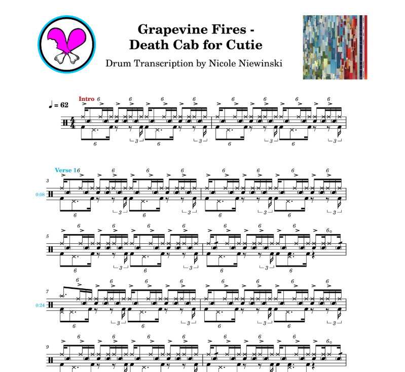 Preview of sheet music transcription for a drum set, showing the detailed notations and rhythms of grapevine fires by death cab for cutie (dcfc), ideal for drummers looking to learn and practice accurate drum patterns.