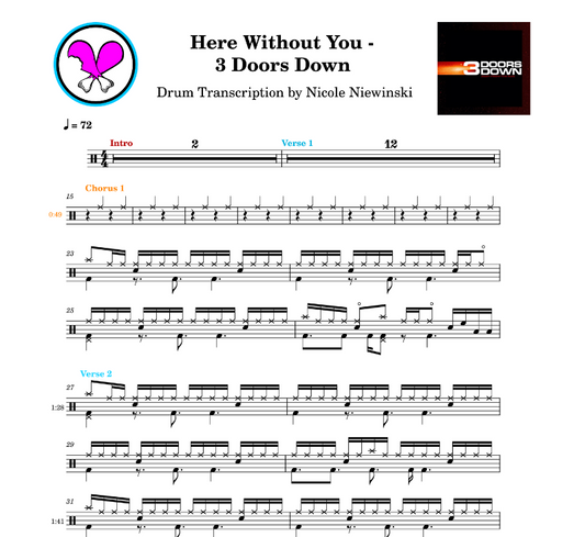 Preview of sheet music transcription for a drum set, showing the detailed notations and rhythms of here without you by 3 doors down, ideal for drummers looking to learn and practice accurate drum patterns.