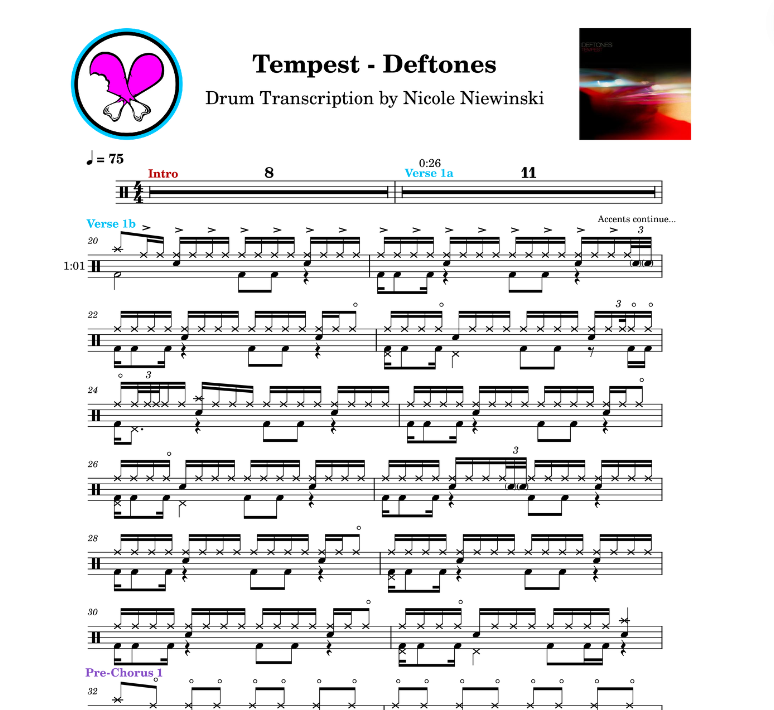 Preview of sheet music transcription for a drum set, showing the detailed notations and rhythms of tempest by deftones, ideal for drummers looking to learn and practice accurate drum patterns.