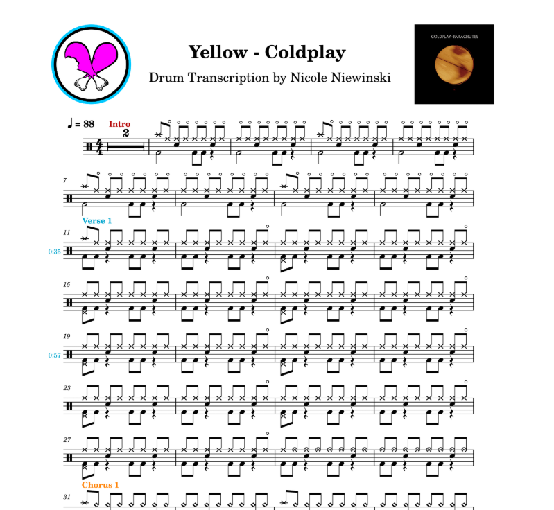 Preview of sheet music transcription for a drum set, showing the detailed notations and rhythms of how to play Yellow on drums by Coldplay, ideal for beginners drummers looking to learn and practice easy, accurate drum patterns.