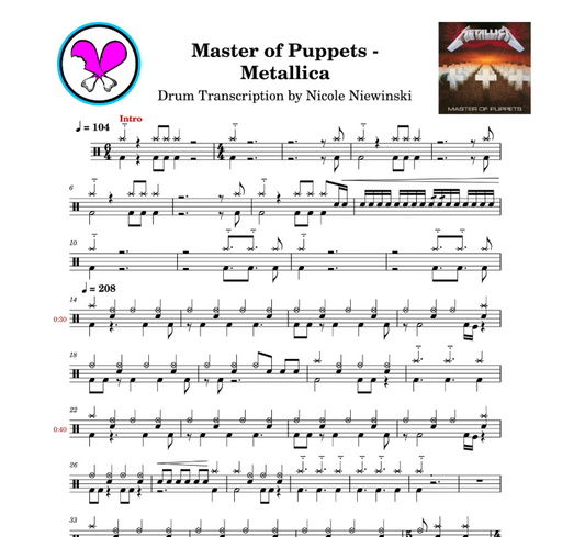 Preview of drum sheet music transcription for a drum set, showing the detailed notations and rhythms of how to play master of puppets by metallica (lars ulrich), ideal for drummers looking to learn and practice accurate drum patterns.