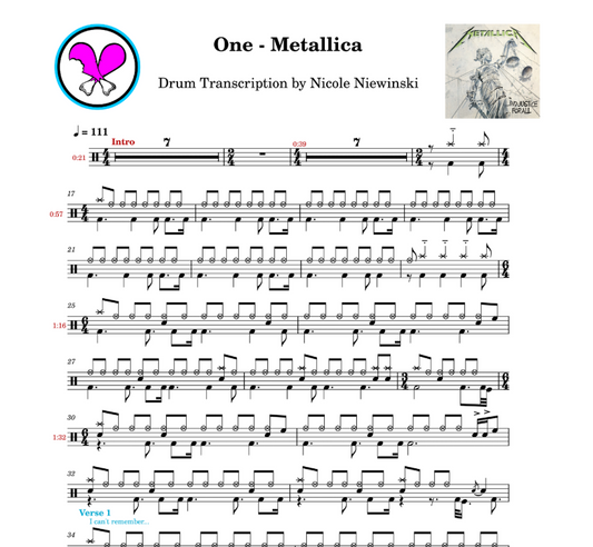 Preview of sheet music transcription tab for a drum set, showing the detailed notations and rhythms of how to play One by metallica on drums (lars ulrich, off the album ...and justice for all), ideal for drummers looking to learn and practice accurate drum patterns.