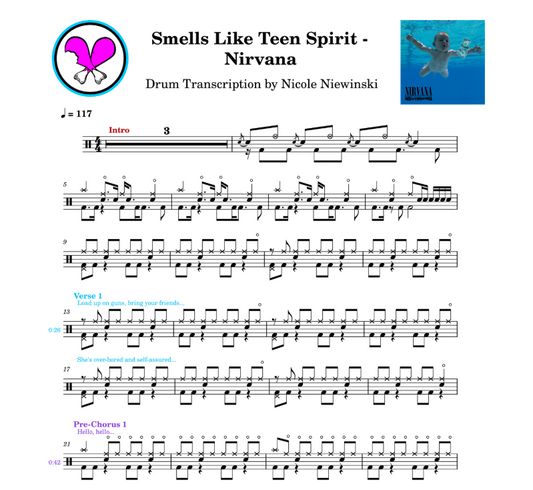 Preview of sheet music transcription for a drum set, showing the detailed notations and rhythms of how to play Smells like teen spirit by nirvana on drums, ideal for beginner drummers looking to learn and practice accurate drum patterns.