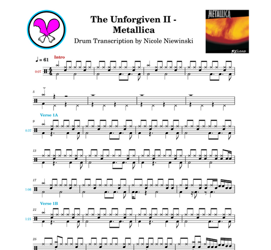 Preview of sheet music transcription for a drum set, showing the detailed notations/rhythms and how to play the unforgiven II on drums by metallica, ideal for drummers looking to learn/practice accurate drum patterns with supplementary material including the drum tab, enhanced drum track, drumless track and isolated drum track.