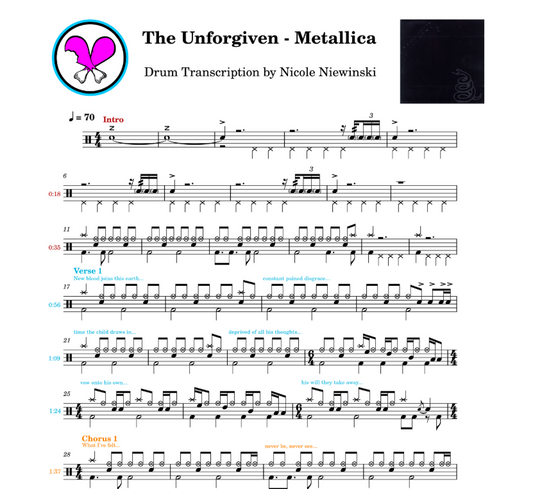 Preview of sheet music transcription for a drum set, showing the detailed notations and rhythms of how to play the popular and easy/beginner metal song the unforgiven by metallica (lars ulrich), ideal for drummers looking to learn and practice accurate drum patterns.