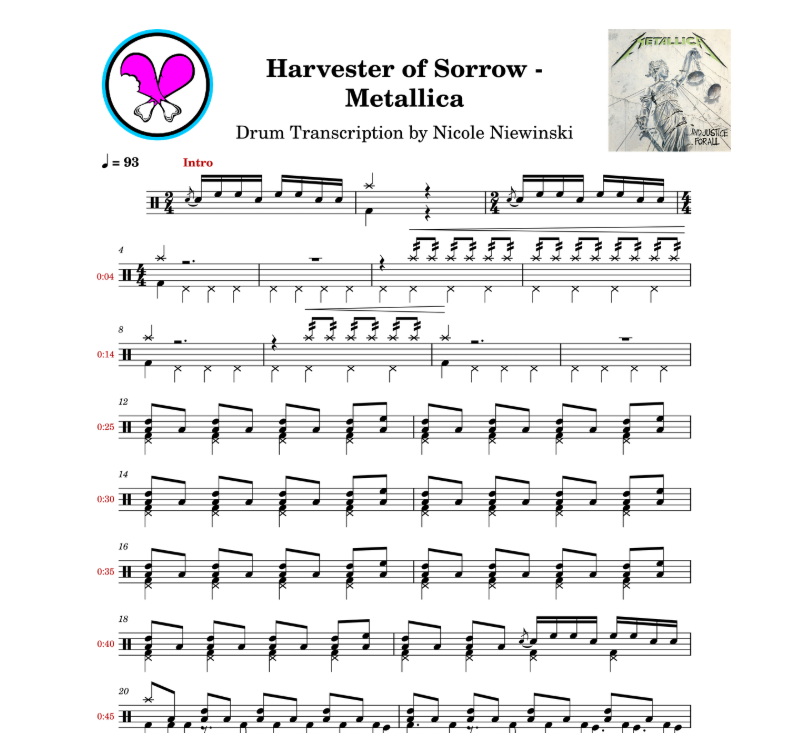 Preview of the sheet music transcription showing the detailed notations and rhythms of how to play the beginner drum song harvester of sorrow (metallica, lars ulrich, ...and justice for all), ideal for drummers looking to learn and practice accurate drum patterns.