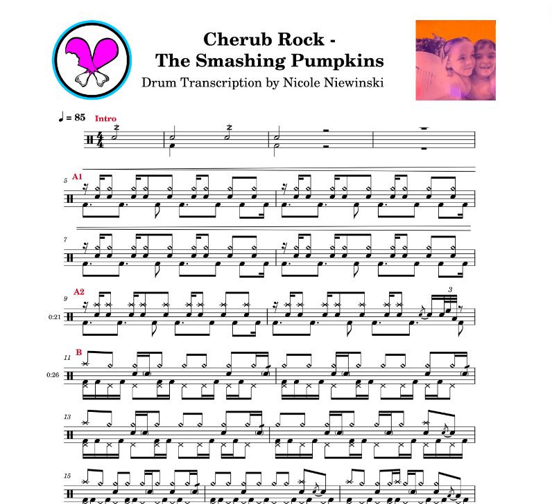 Preview of sheet music transcription for a drum set, showing the detailed notations and rhythms of cherub rock by the smashing pumpkins (jimmy chamberlin), ideal for drummers looking to learn and practice accurate drum patterns.