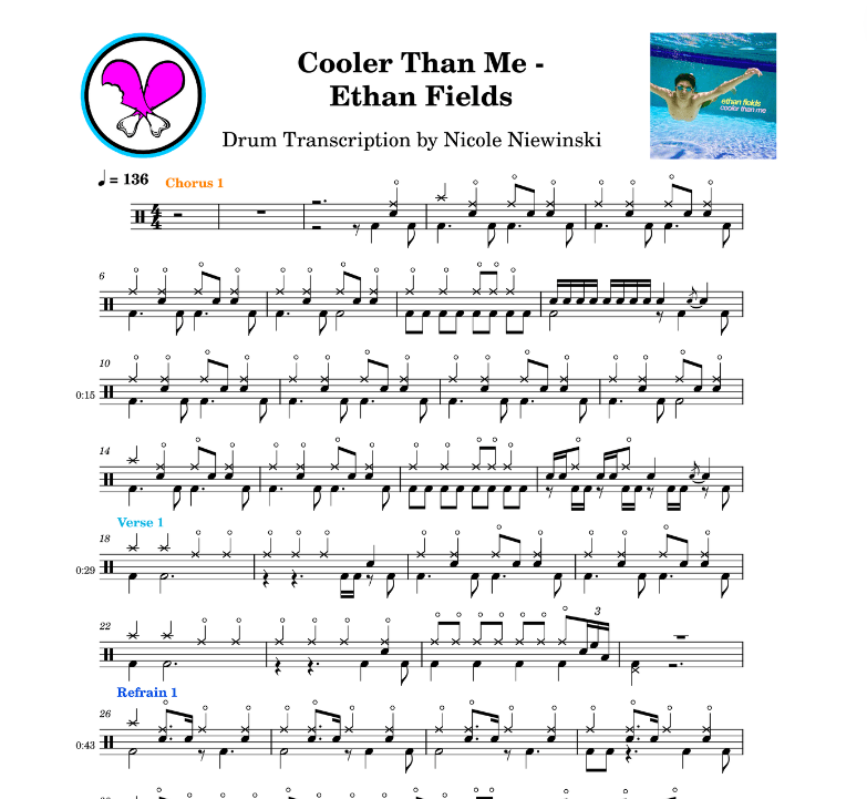 Preview of sheet music transcription for a drum set, showing the detailed notations and rhythms of cooler than me by ethan fields, ideal for drummers looking to learn and practice accurate drum patterns.