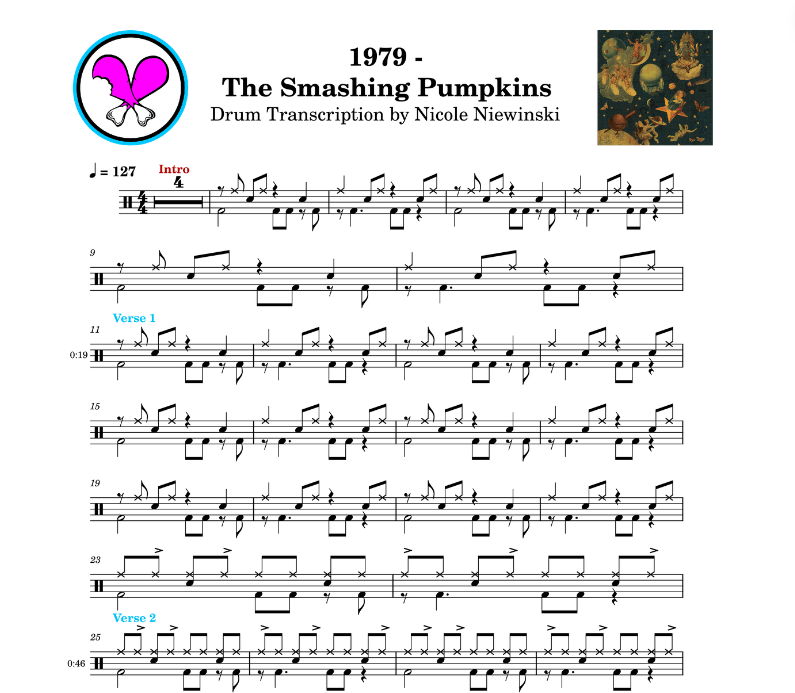 Preview of sheet music transcription for a drum set, showing the detailed notations and rhythms of how to play the song 1979 by The Smashing Pumpkins (Jimmy Chamberlain, mellon collie and the infinite sadness), ideal for drummers looking to learn and practice accurate drum patterns.
