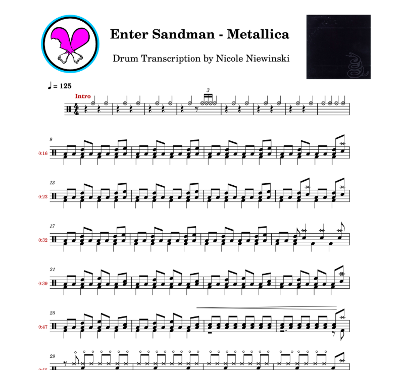 Preview of the sheet music transcription showing the detailed notations and rhythms of how to play the beginner drum song enter sandman by metallica (lars ulrich), ideal for drummers looking to learn and practice accurate drum patterns.