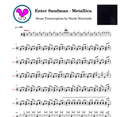 Preview of the sheet music transcription showing the detailed notations and rhythms of how to play the beginner drum song enter sandman by metallica (lars ulrich), ideal for drummers looking to learn and practice accurate drum patterns.