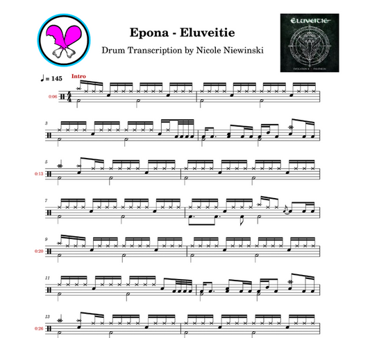 Preview of the sheet music transcription showing the detailed notations and rhythms of how to play the beginner drum song epona by eluveitie, ideal for drummers looking to learn and practice accurate drum patterns.