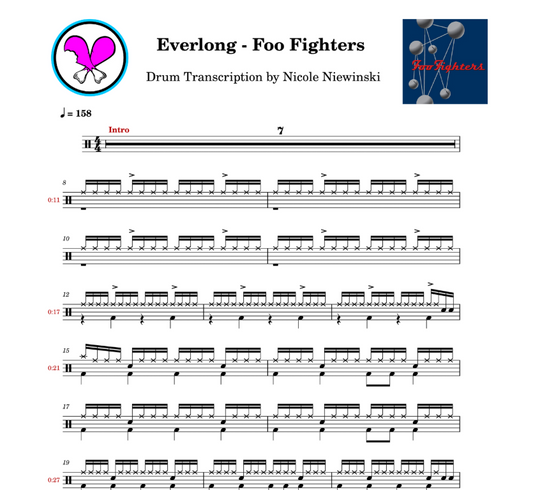 Preview of the sheet music transcription showing the detailed notations and rhythms of how to play the beginner drum song everlong by the foo fighters (dave grohl, taylor hawkins), ideal for drummers looking to learn and practice accurate drum patterns.