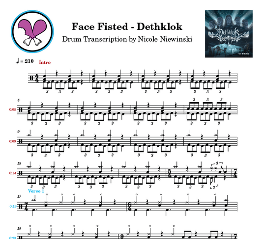 Preview of the sheet music transcription showing the detailed notations and rhythms of how to play the beginner drum song face fisted (gene hoglan), ideal for drummers looking to learn and practice accurate drum patterns.