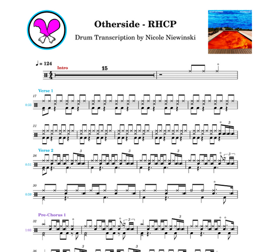Preview of the sheet music transcription showing the detailed notations and rhythms of how to play the beginner drum song otherside by the red hot chili peppers (rhcp, chad smith), ideal for drummers looking to learn and practice accurate drum patterns.