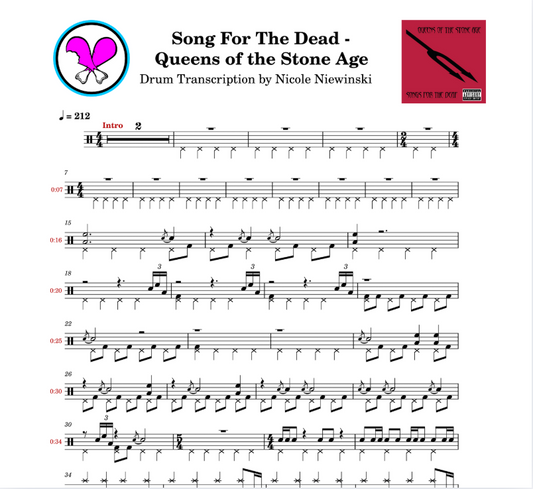 Preview of the sheet music transcription showing the detailed notations and rhythms of how to play the hard drum song song for the dead by queens of the stone age (qotsa, taylor hawkins/dave grohl), ideal for drummers looking to learn and practice accurate drum patterns.