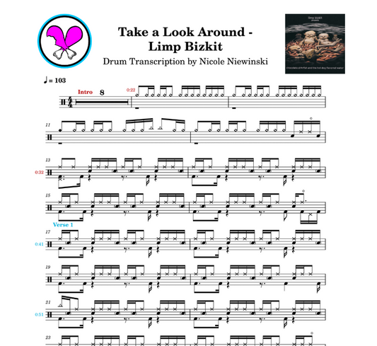 Preview of the sheet music transcription showing the detailed notations and rhythms of how to play the beginner drum song take a look around by limp bizkit (mission impossible), ideal for drummers looking to learn and practice accurate drum patterns.