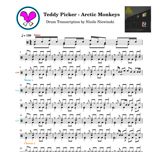 Preview of sheet music transcription for a drum set, showing the detailed notations and rhythms of how to play the popular song teddy picker by the arctic monkeys on drums (matt helders, favorite worst nightmare), ideal for drummers looking to learn and practice accurate drum patterns.
