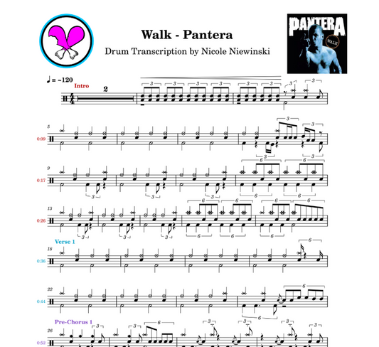 Preview of the sheet music transcription showing the detailed notations and rhythms of how to play the beginner drum song walk by pantera (Vulgar Display of Power, vinnie paul), ideal for drummers looking to learn and practice accurate drum patterns.