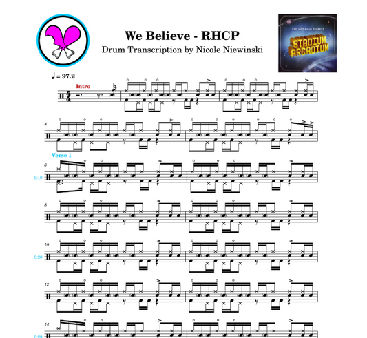 Preview of the sheet music transcription showing the detailed notations and rhythms of how to play the beginner drum song We believe on drums by the red hot chili peppers (rhcp, chad smith), ideal for drummers looking to learn and practice accurate drum patterns.