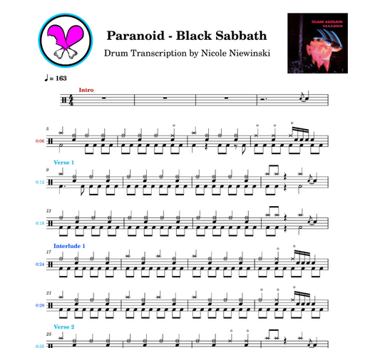 Preview of the sheet music transcription showing the detailed notations and rhythms of how to play the beginner drum song paranoid by black sabbath (ozzy osbourne), ideal for drummers looking to learn and practice accurate drum patterns.