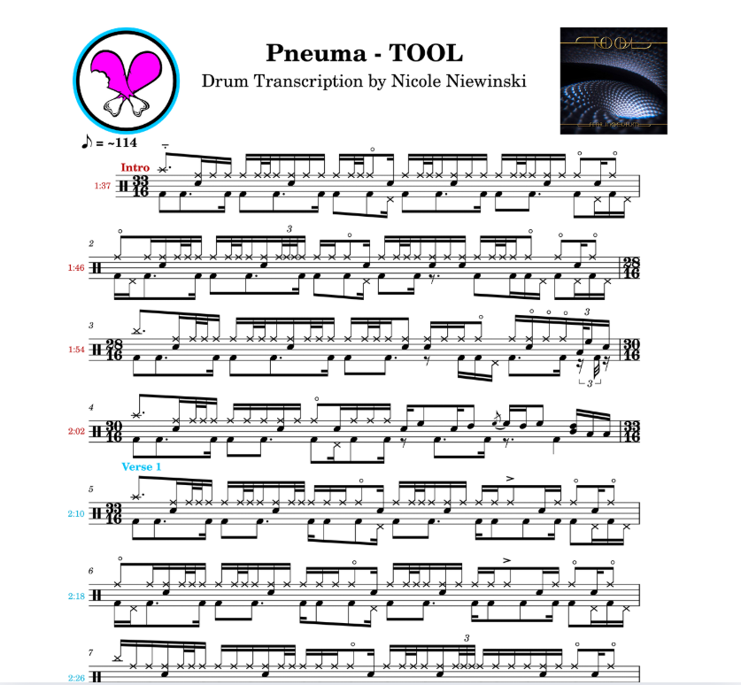 Preview of the sheet music transcription showing the detailed notations and rhythms of how to play the hard drum song pneuma by TOOL (danny carey), ideal for drummers looking to learn and practice accurate drum patterns.