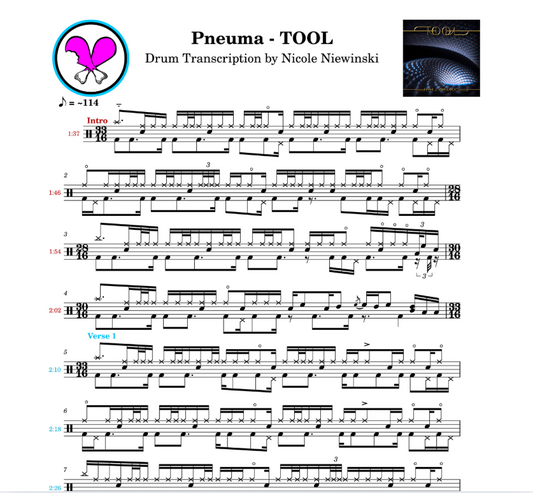 Preview of the sheet music transcription showing the detailed notations and rhythms of how to play the hard drum song pneuma by TOOL (danny carey), ideal for drummers looking to learn and practice accurate drum patterns.