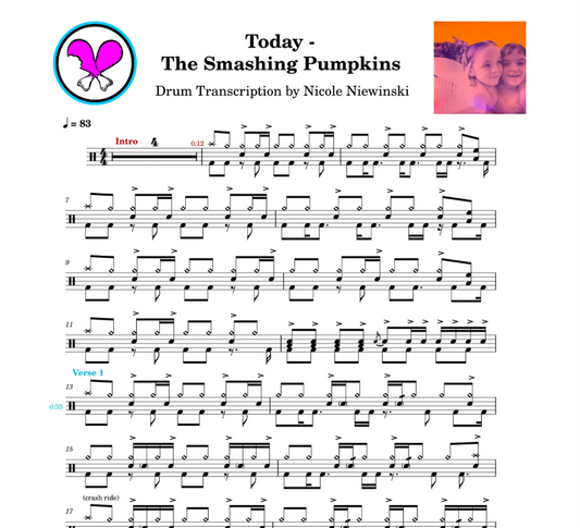 Preview of sheet music transcription for a drum set, showing the detailed notations and rhythms of how to play today by the smashing pumpkins on drums off the siamese dream album (Jimmy Chamberlain), ideal for drummers looking to learn and practice accurate drum patterns.