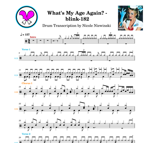Preview of the sheet music transcription showing the detailed notations and rhythms of how to play the beginner drum song What's My Age Again? on drums by blink-182, ideal for drummers looking to learn and practice accurate drum patterns.