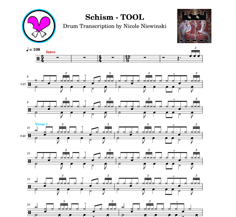 Preview of sheet music transcription for a drum set, showing the detailed notations and rhythms of the popular song schism by tool (lateralus, danny carey), ideal for drummers looking to learn and practice accurate drum patterns.
