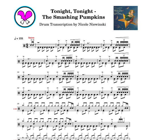 Preview of sheet music transcription for a drum set, showing the detailed notations and rhythms of how to play tonight, tonight on drums by the smashing pumpkins (billy corgan, jimmy chamberlain), ideal for drummers looking to learn and practice accurate drum patterns.