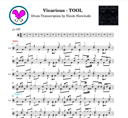 Preview of sheet music transcription for a drum set, showing the detailed notations and rhythms of how to play drums on the popular song vicarious by tool (danny carey, 10000 days), ideal for drummers looking to learn and practice accurate drum patterns.