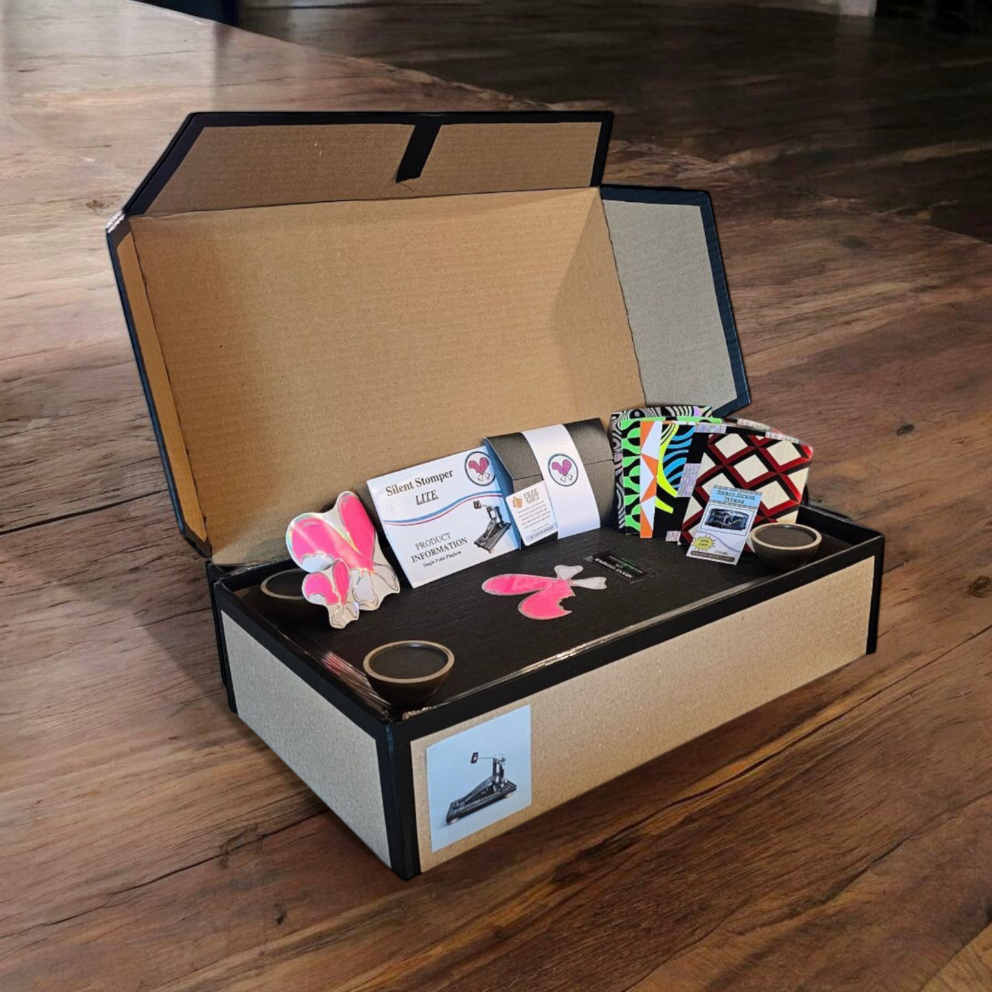 Inside the retail package of a Silent Stomper impact noise isolation platform designed for drummers, enabling quiet practice in enclosed spaces like apartment buildings by reducing vibrations and preventing noise disturbances for neighbors.