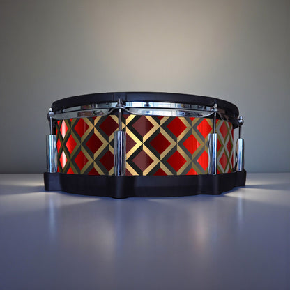 Close-up of a snare drum with a newly installed maple, black and holographic vinyl wrap on a Roland PD-140DS snare drum, showcasing the detailed texture and professional finish, ideal for drummers seeking to upgrade their drum kit's aesthetics.
