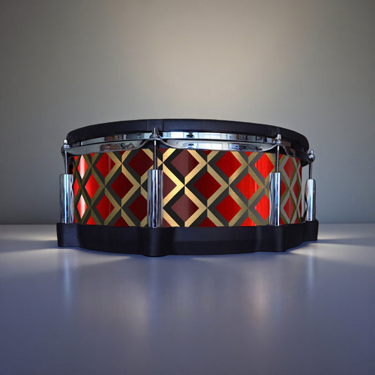 Close-up of a snare drum with a newly installed maple, black and holographic vinyl wrap on a Roland PD-140DS snare drum, showcasing the detailed texture and professional finish, ideal for drummers seeking to upgrade their drum kit's aesthetics.