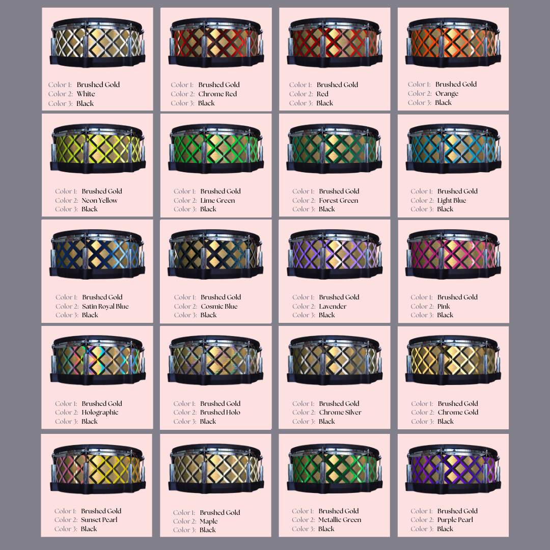 Easy-to-install vinyl snare drum wrap color catalogue featuring a wide range of color and pattern options, perfect for drummers looking to personalize their snare drum with unique designs.