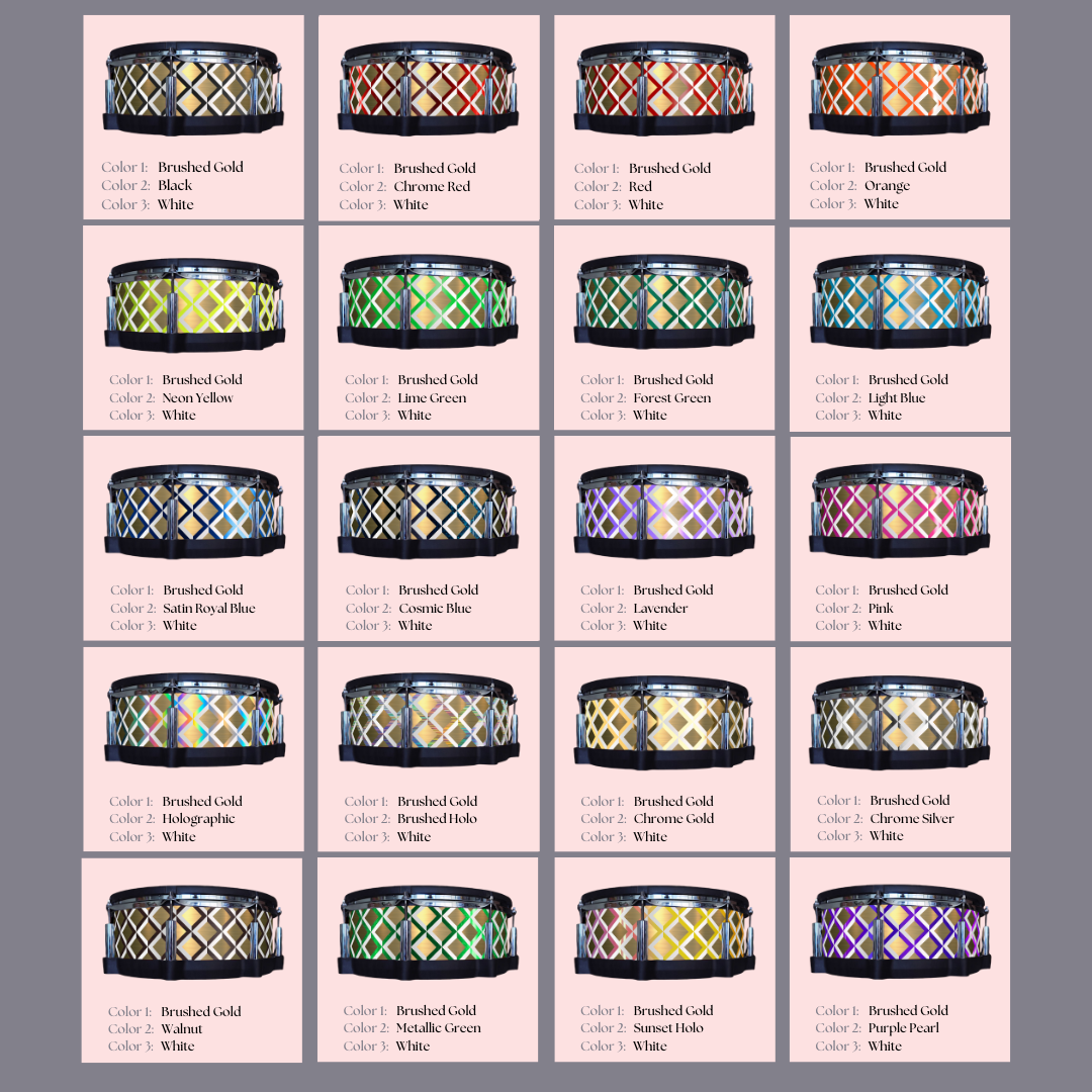 Easy-to-install vinyl snare drum wrap color catalogue featuring a wide range of color and pattern options, perfect for drummers looking to personalize their snare drum with unique designs.