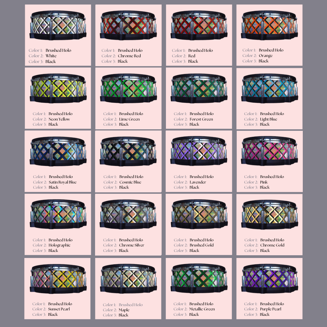 Easy-to-install vinyl snare drum wrap color catalogue featuring a wide range of color and pattern options, perfect for drummers looking to personalize their snare drum with unique designs.