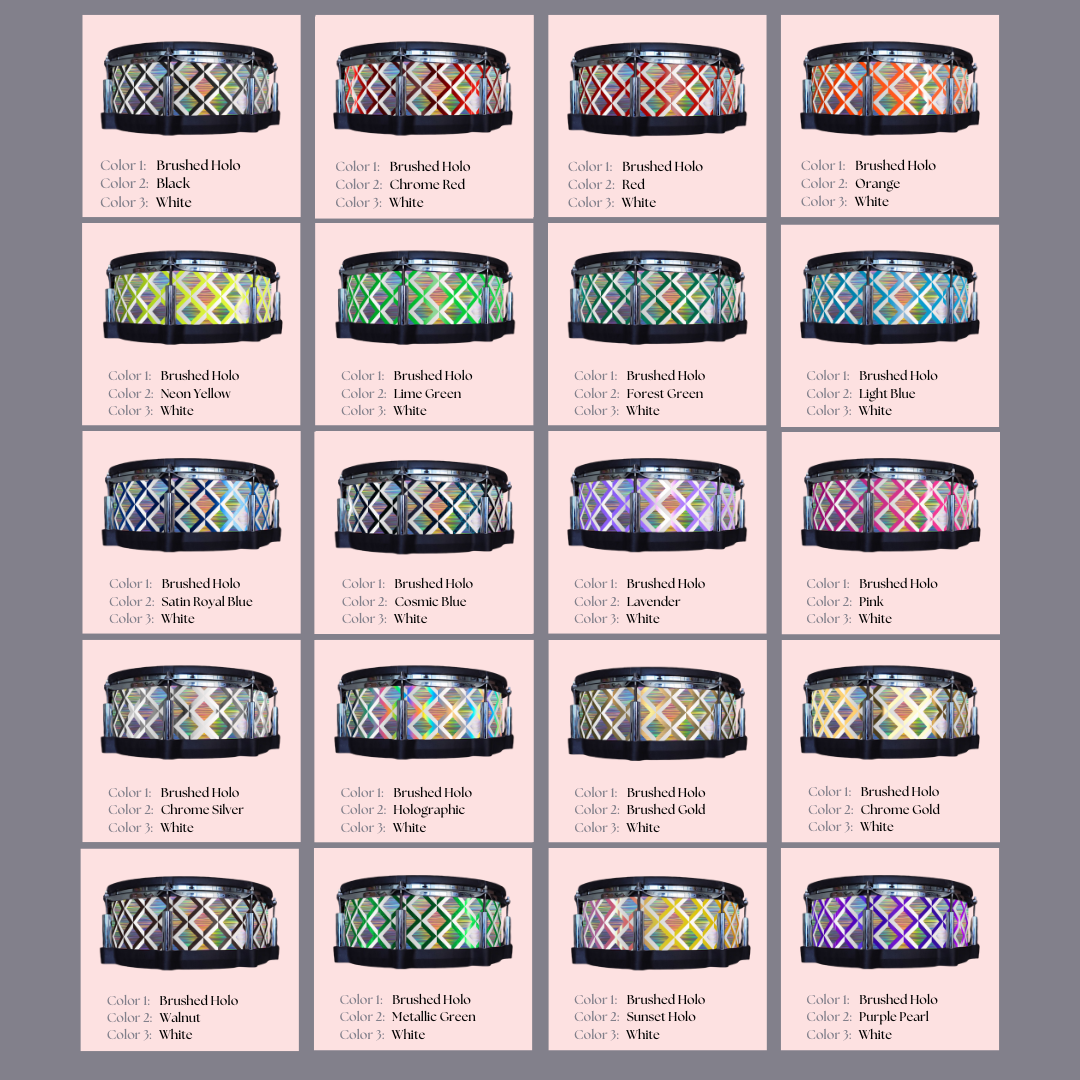 Easy-to-install vinyl snare drum wrap color catalogue featuring a wide range of color and pattern options, perfect for drummers looking to personalize their snare drum with unique designs.