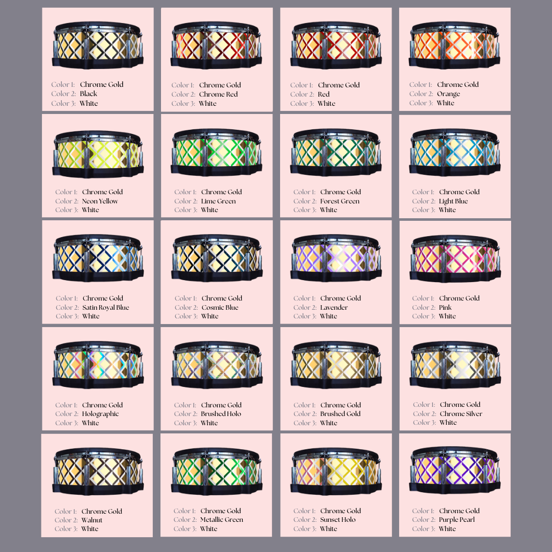 Easy-to-install vinyl snare drum wrap color catalogue featuring a wide range of color and pattern options, perfect for drummers looking to personalize their snare drum with unique designs.