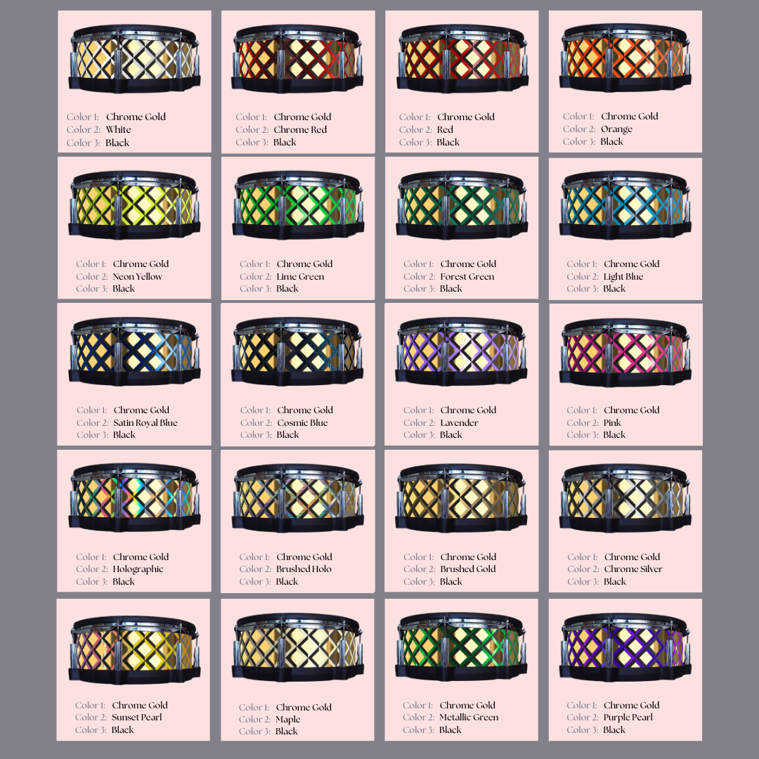 Easy-to-install vinyl snare drum wrap color catalogue featuring a wide range of color and pattern options, perfect for drummers looking to personalize their snare drum with unique designs.