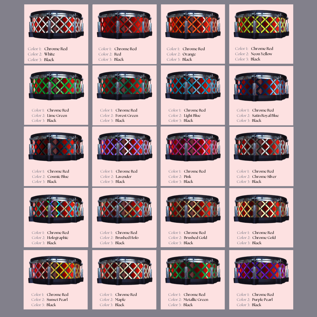 Easy-to-install vinyl snare drum wrap color catalogue featuring a wide range of color and pattern options, perfect for drummers looking to personalize their snare drum with unique designs.