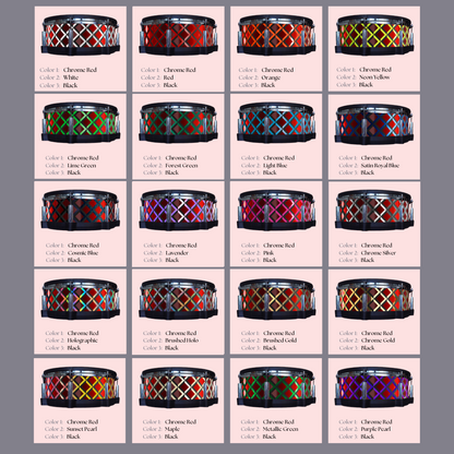 Easy-to-install vinyl snare drum wrap color catalogue featuring a wide range of color and pattern options, perfect for drummers looking to personalize their snare drum with unique designs.